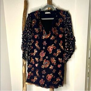 Alice + Olivia Boho But Out Velvet Black Silk Sheer Paisley Floral Dress Small